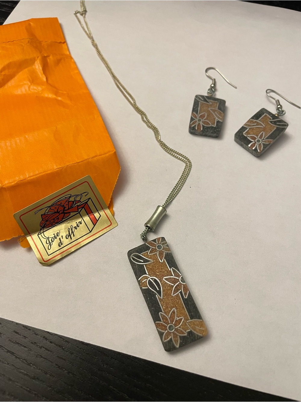 Handcrafted Floral Rectangle Pendant Necklace and Earrings